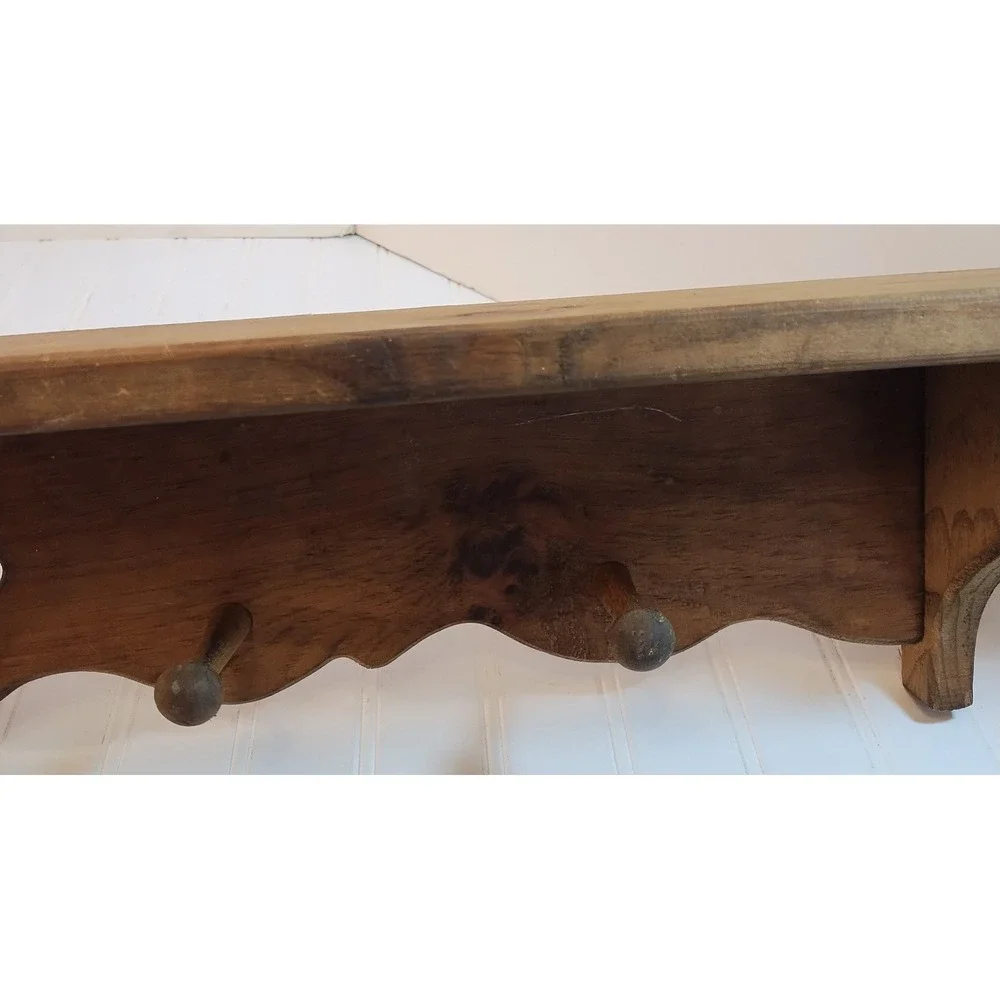 Vintage Wood Wall Shelf Scalloped Gingerbread Cutout 4 Peg Coat Rack Brown 48